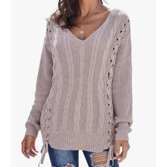 Cable-Knit Lace-Up Tunic Sweater V-Neck Long Sleeve Oversized Fit Pink X-Large - Picture 10 of 11